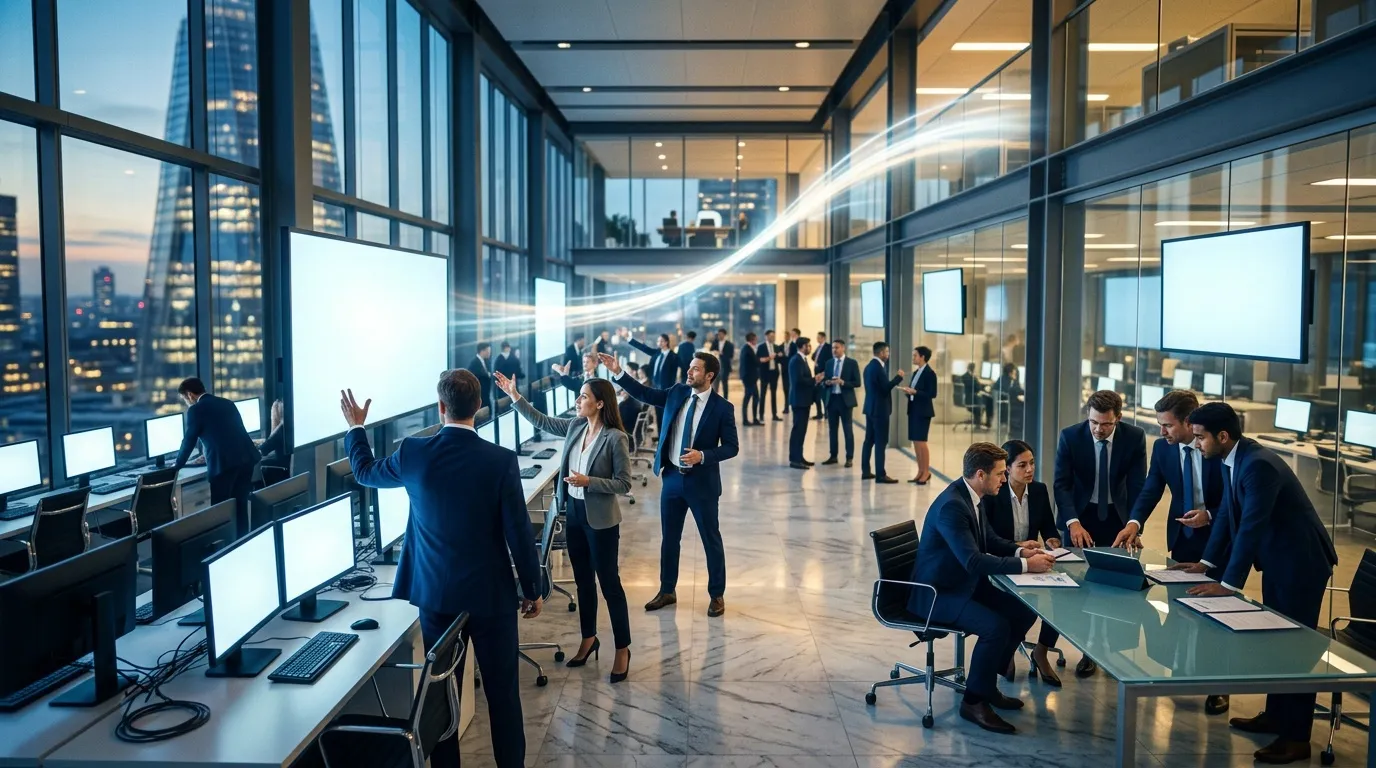 Professionnels discutent dans un bureau hauteur contemporain