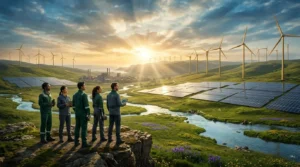 Équipe observant parc éolien et panneaux solaires en vallée verte
