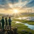 Équipe observant parc éolien et panneaux solaires en vallée verte