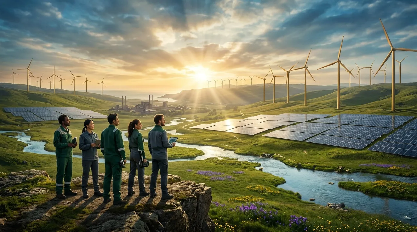 Équipe observant parc éolien et panneaux solaires en vallée verte