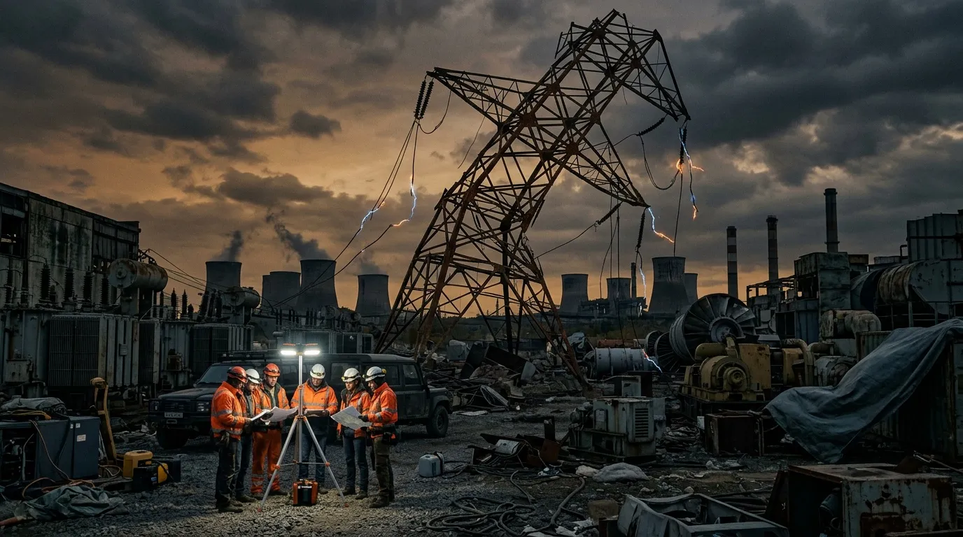 Ouvriers inspectent pylon électrique détruit en zone industrielle
