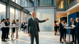 Homme d'affaires présentant devant collègues en gratte-ciel