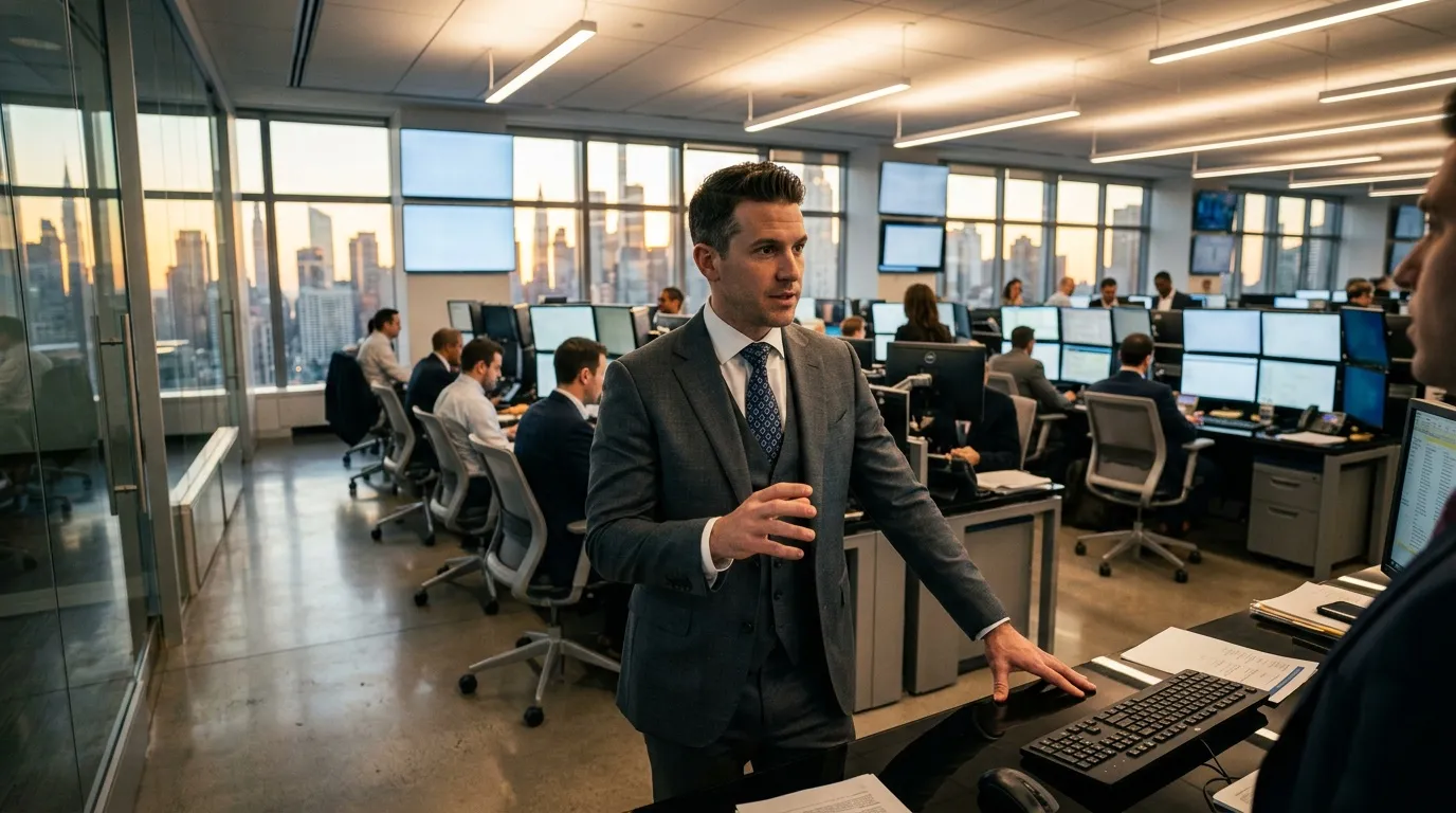 Homme en costume parlant dans un open space avec collègues et ordinateurs