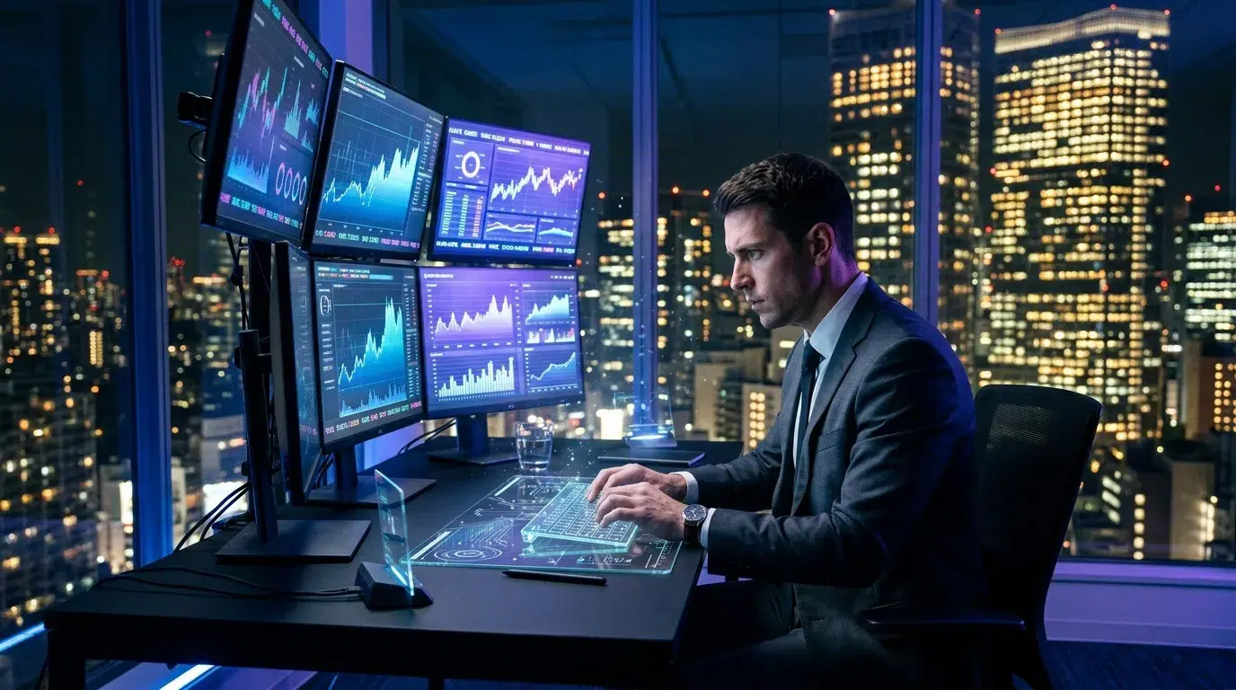Homme en costume consultant graphiques boursiers haute technologie