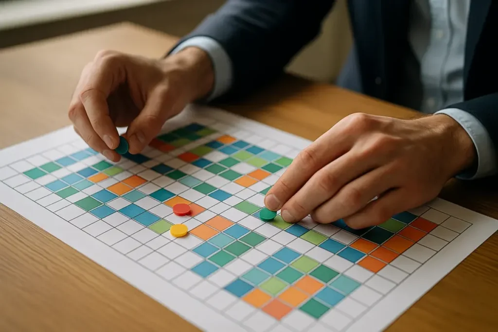 Analyste annotant une grille d'allocation d'actifs sur papier