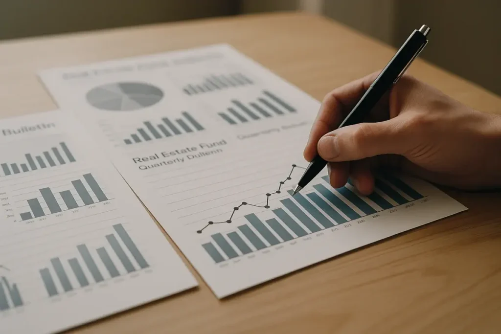 Analyste examinant des bulletins trimestriels de fonds immobiliers sur un bureau