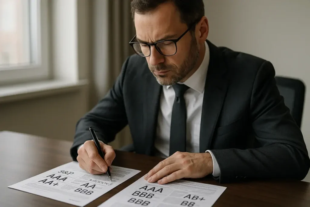 Analyste examinant des documents de notation de crédit souverain