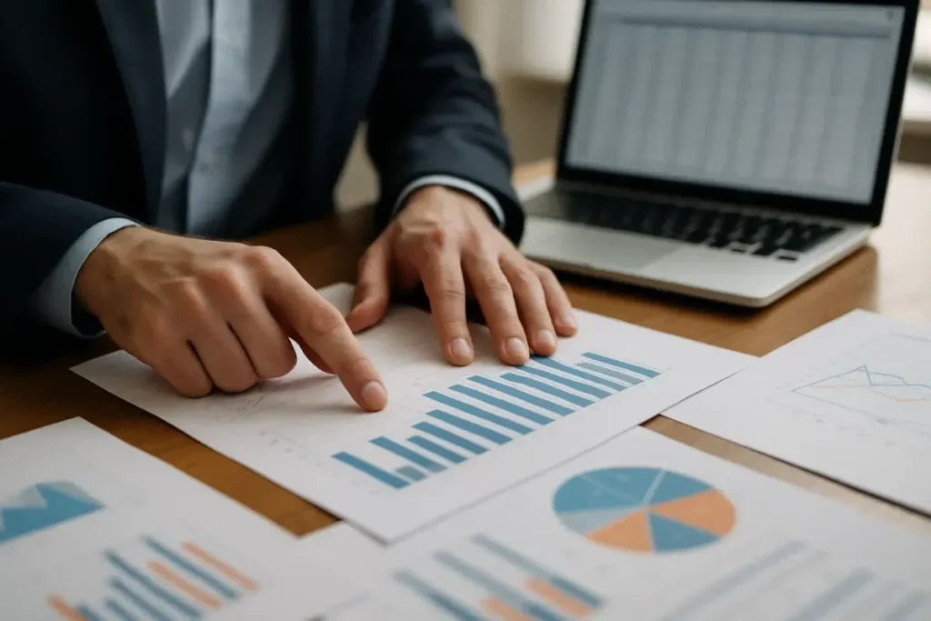 Analyste examinant des graphiques de performance de fonds immobiliers imprimés