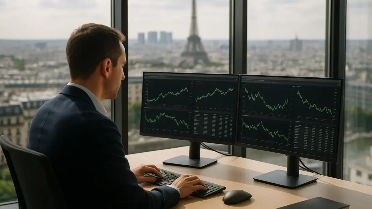 Analyste financier étudiant des graphiques obligataires dans un bureau parisien