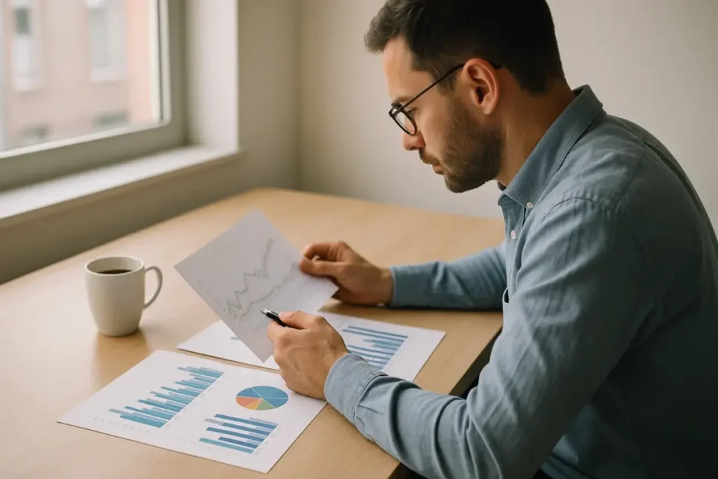 Analyste financier examinant des graphiques de performance boursière