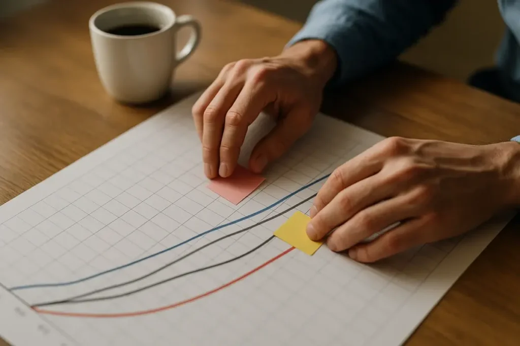Analyste organisant des fiches de sélection d'entreprises sur un tableau
