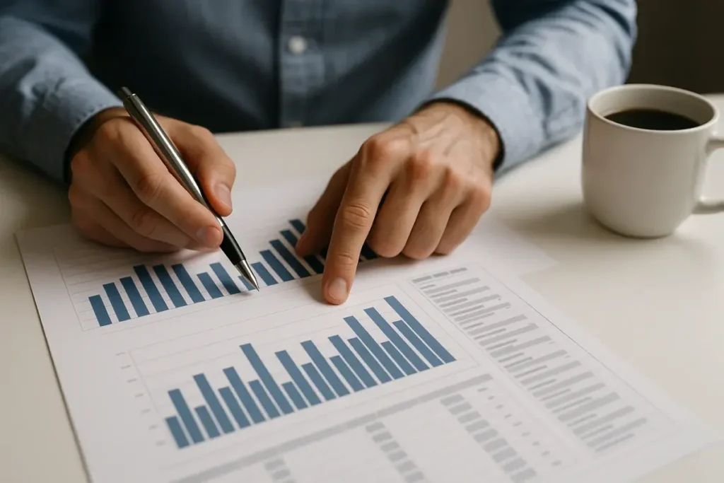 Analyste pointant des tableaux de classement de sociétés de gestion