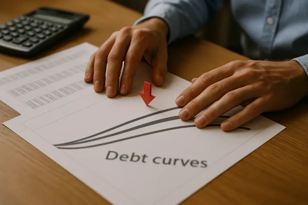 Analyste pointant une courbe de dette en hausse sur un graphique imprimé