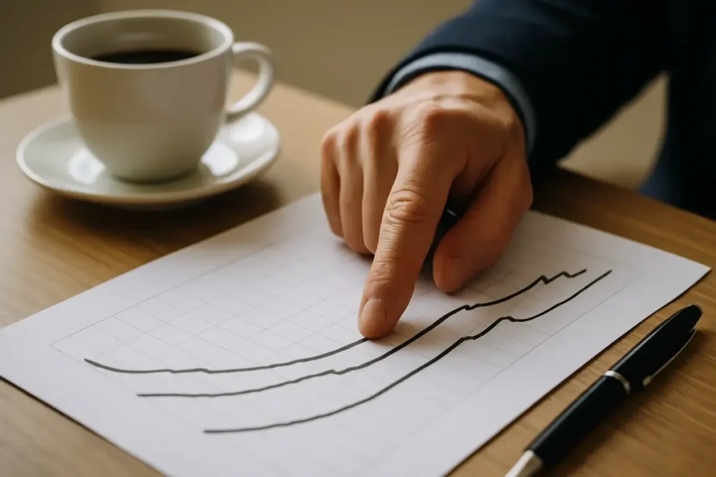 Analyste pointant une courbe de taux d'intérêt en hausse sur un document