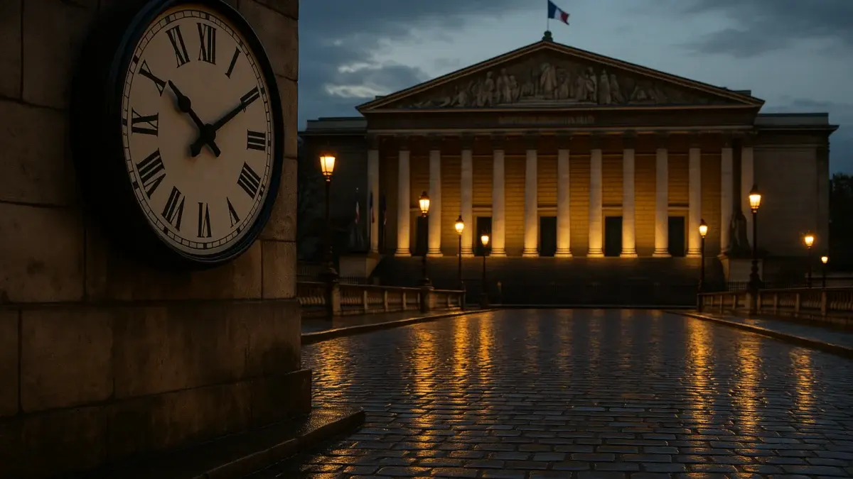 Assemblée nationale française au crépuscule avec horloge en premier plan