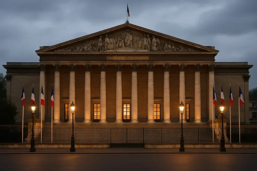 Assemblée nationale française au crépuscule, symbole du risque politique