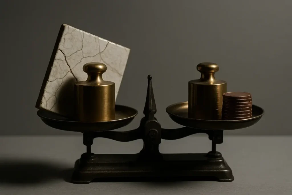 Balance dorée déséquilibrée illustrant décote et prime d'émission