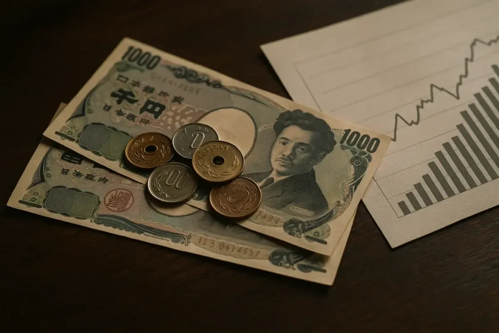 Billets et pièces en yen japonais posés sur un bureau avec un graphique financier