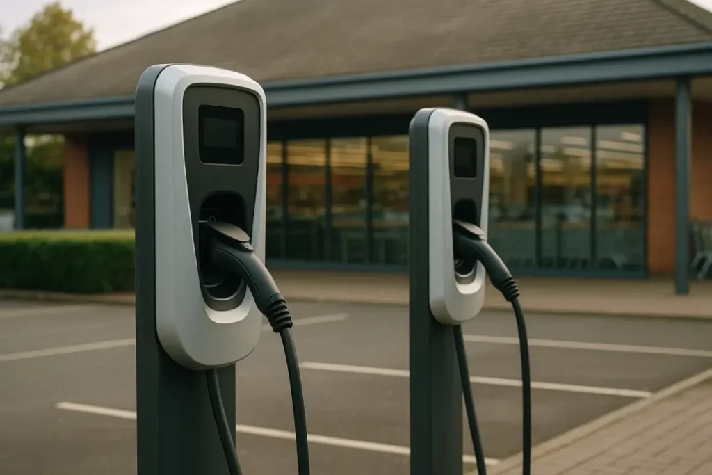 Bornes de recharge électrique sur le parking d'un actif mixte britannique