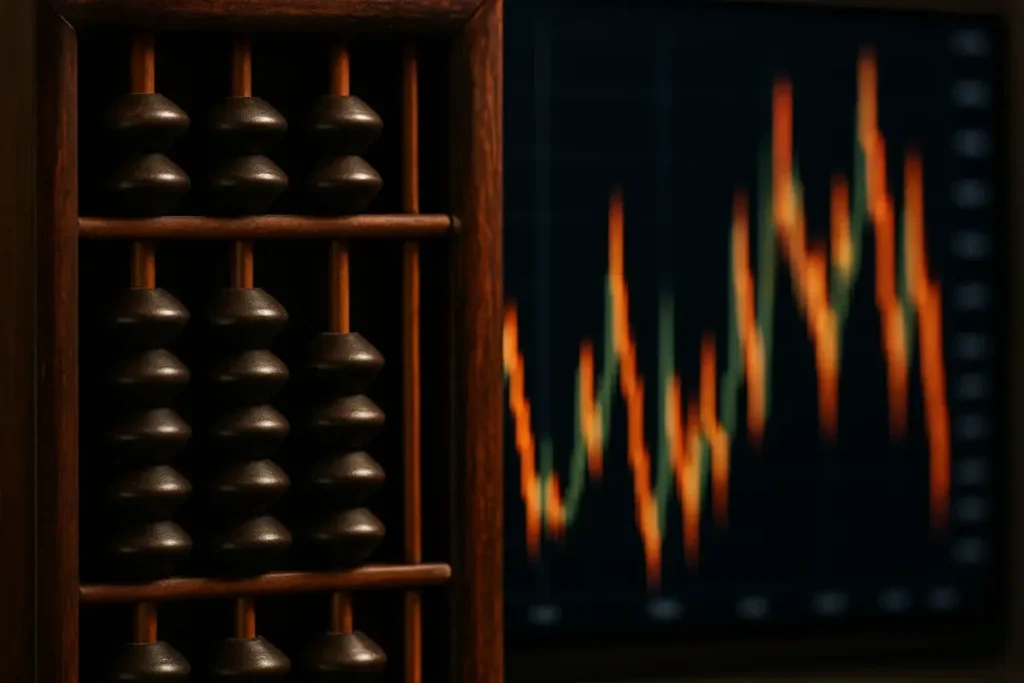 Boulier japonais devant un écran de trading affichant une courbe de volatilité monétaire