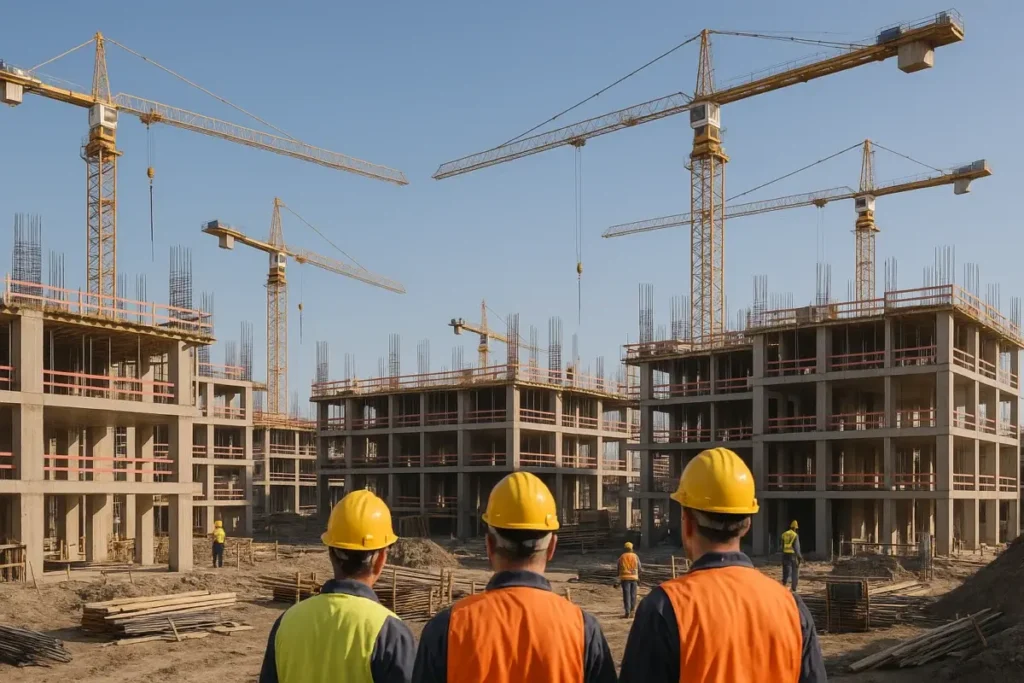Chantier de construction européen avec grues et structures en béton