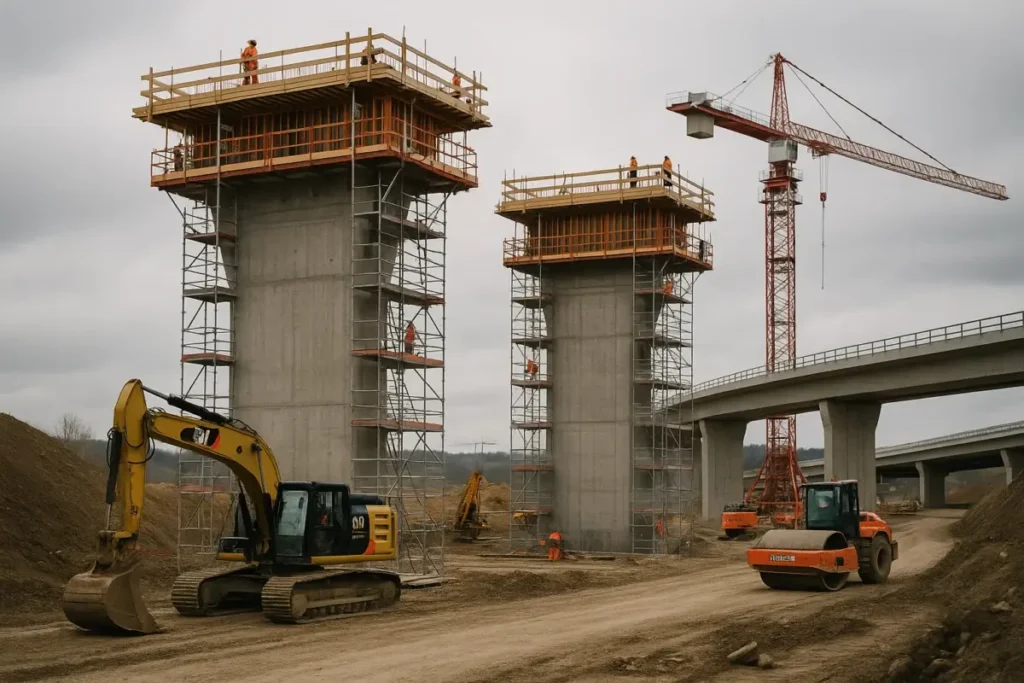 Chantier d'infrastructure routière avec grues et piliers en béton