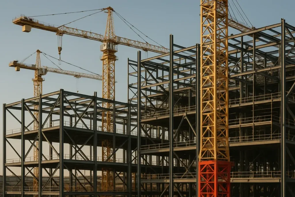 Chantier industriel américain avec grues et structures métalliques