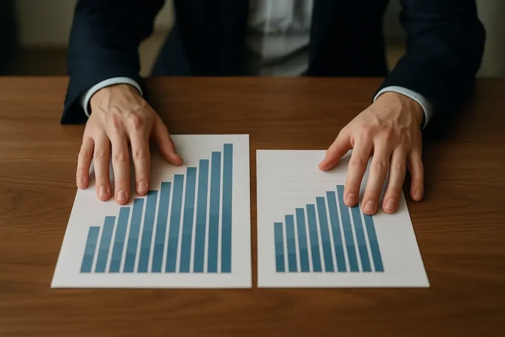 Comparaison de deux graphiques boursiers sur un bureau