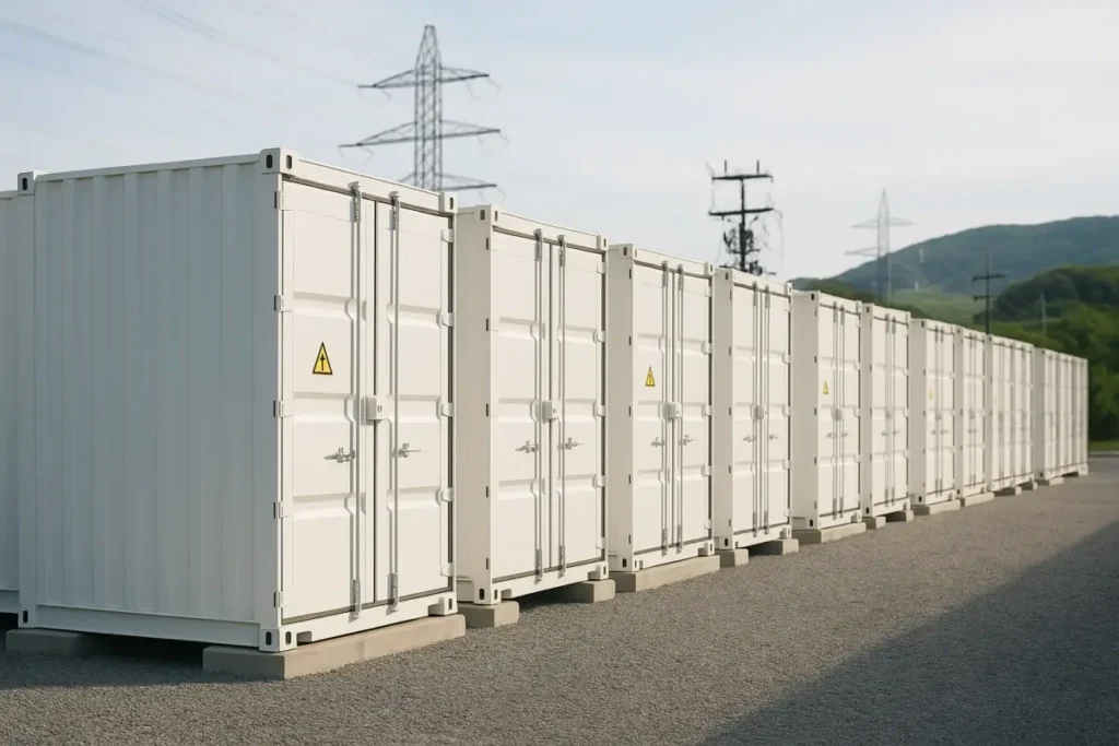 Conteneurs de stockage d'énergie par batterie installés près d'une infrastructure électrique