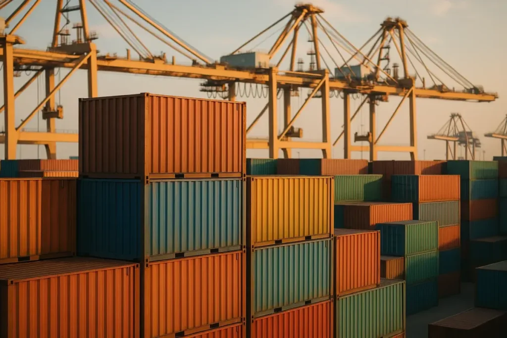 Conteneurs empilés dans un port de commerce international