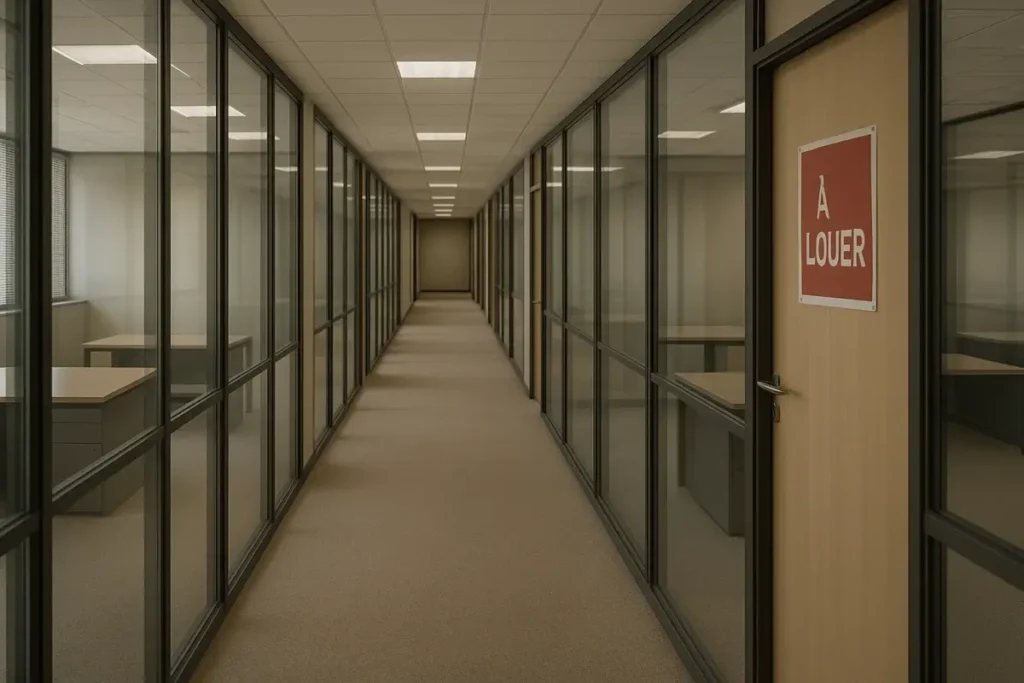 Couloir de bureaux modernes vides avec panneau de location visible
