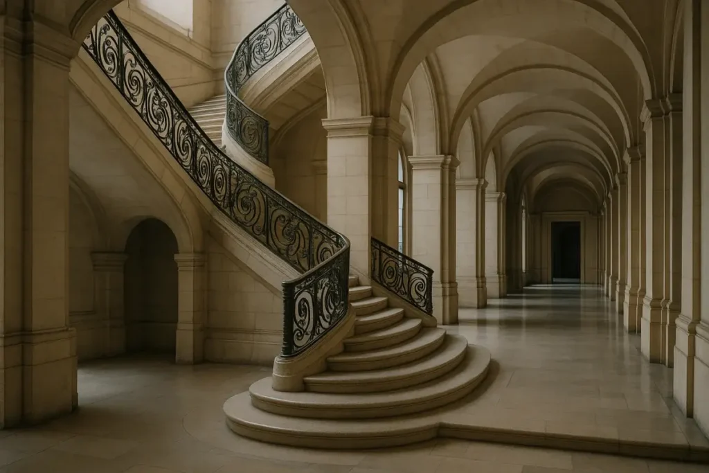 Couloir d'un bâtiment institutionnel public français, architecture classique