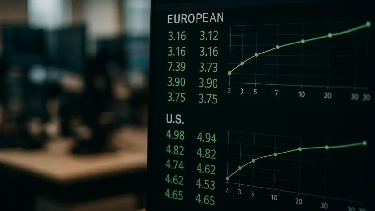 Courbes de rendements obligataires européens et américains sur écran de trading