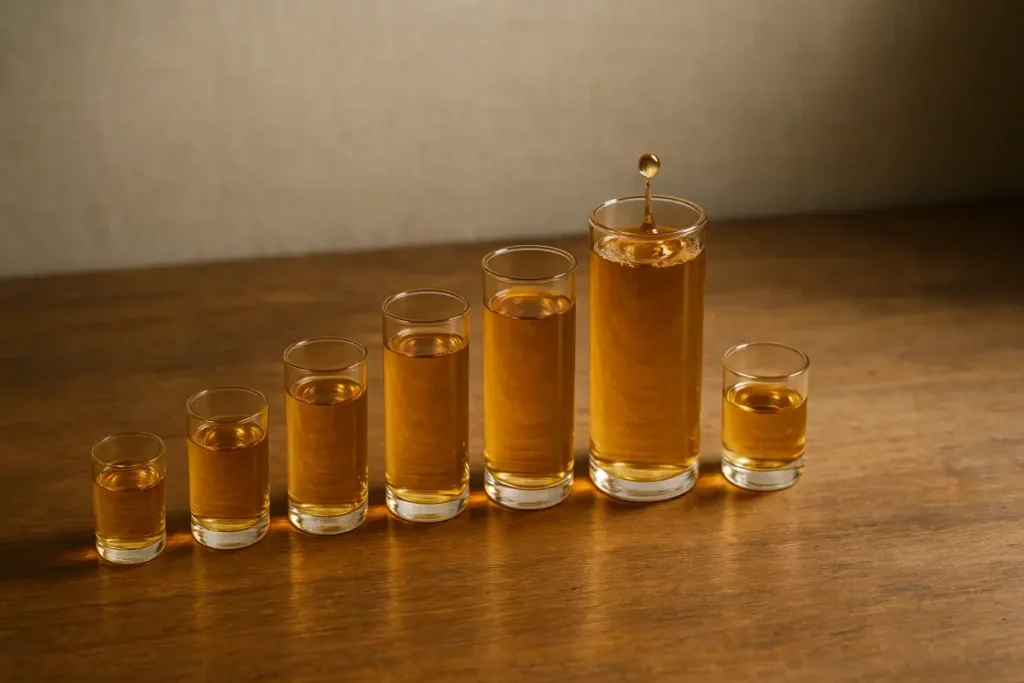 Cylindres de verre dorés en progression symbolisant une collecte ralentissante
