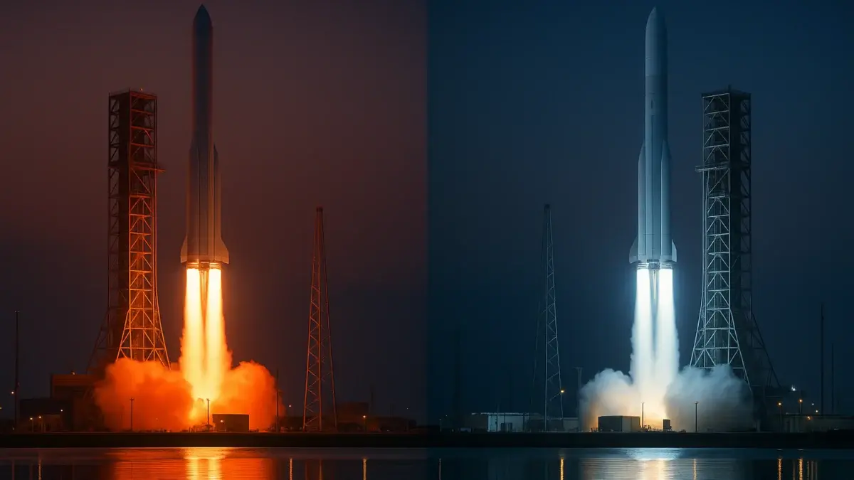 Deux fusées rivales s'élancent vers l'espace sous un ciel crépusculaire