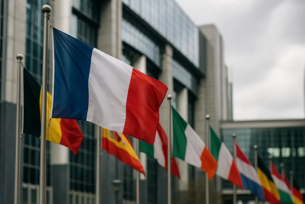 Drapeaux européens devant un bâtiment institutionnel avec le drapeau français au centre