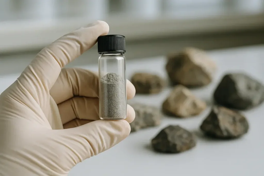 Échantillon de terres rares dans un flacon en laboratoire