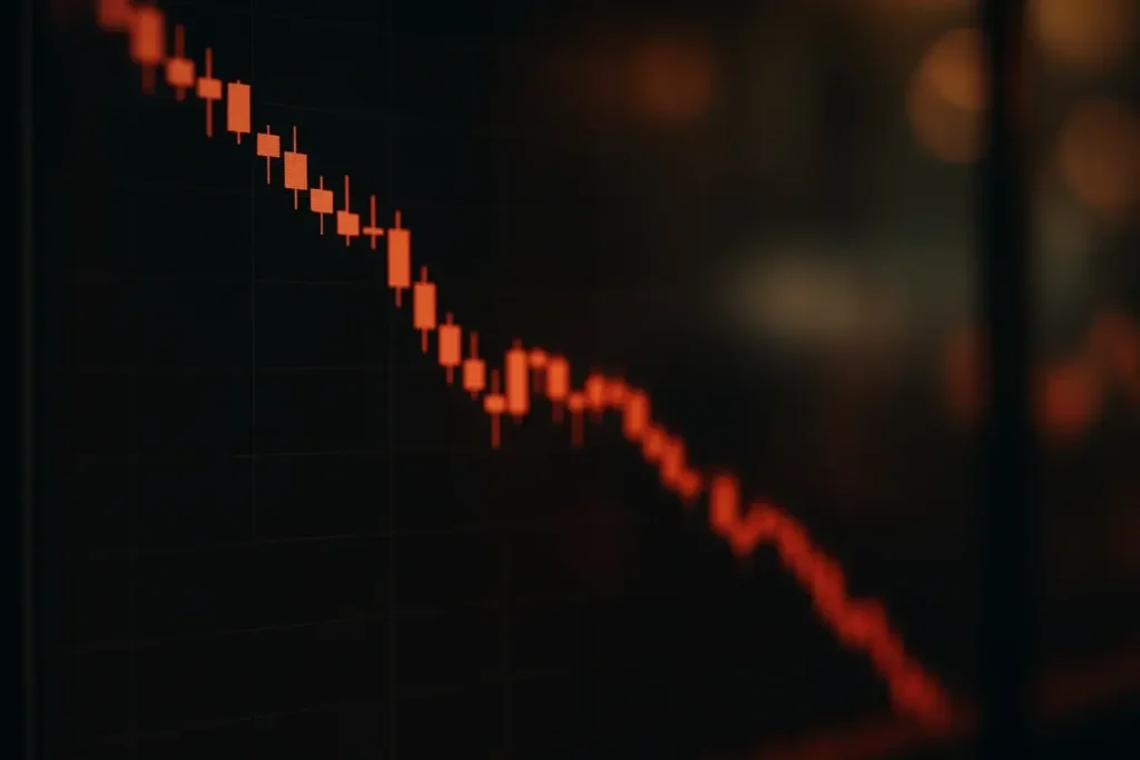 Écran de trading affichant une chute brutale des prix en rouge
