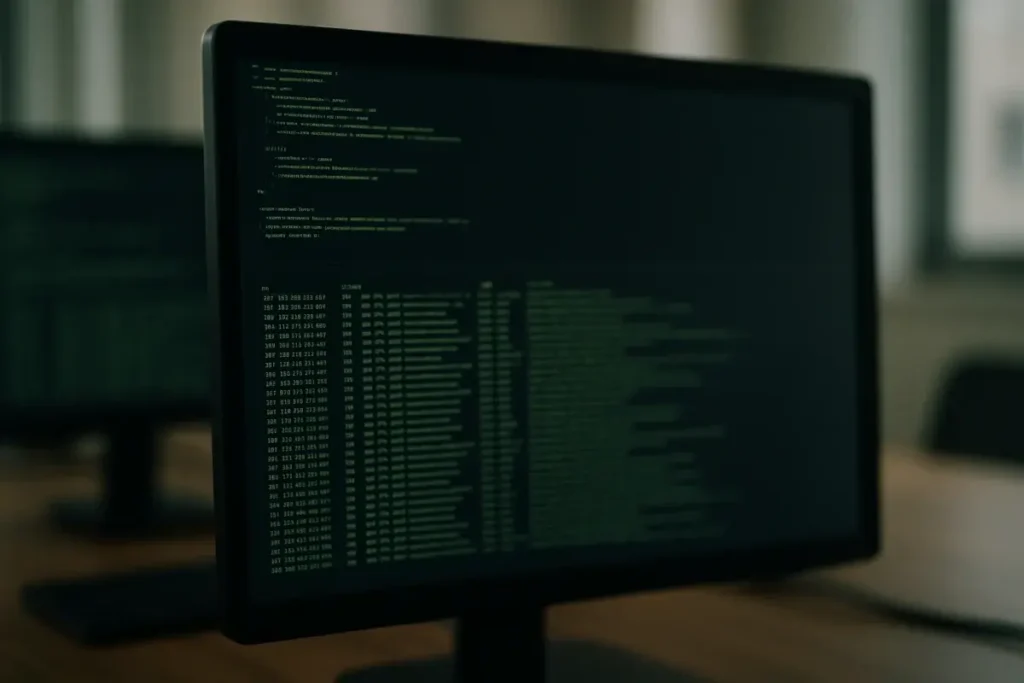 Écran d'ordinateur affichant des logs réseau en texte vert sur fond sombre