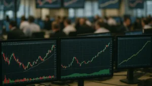 Écrans de trading affichant des courbes de taux et indices boursiers en temps réel