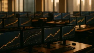 Écrans de trading affichant des courbes de taux obligataires en hausse