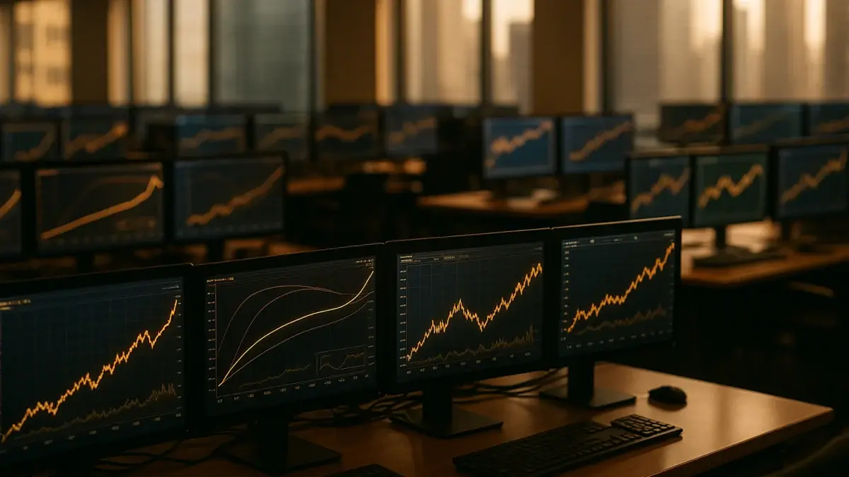Écrans de trading affichant des courbes de taux obligataires en hausse