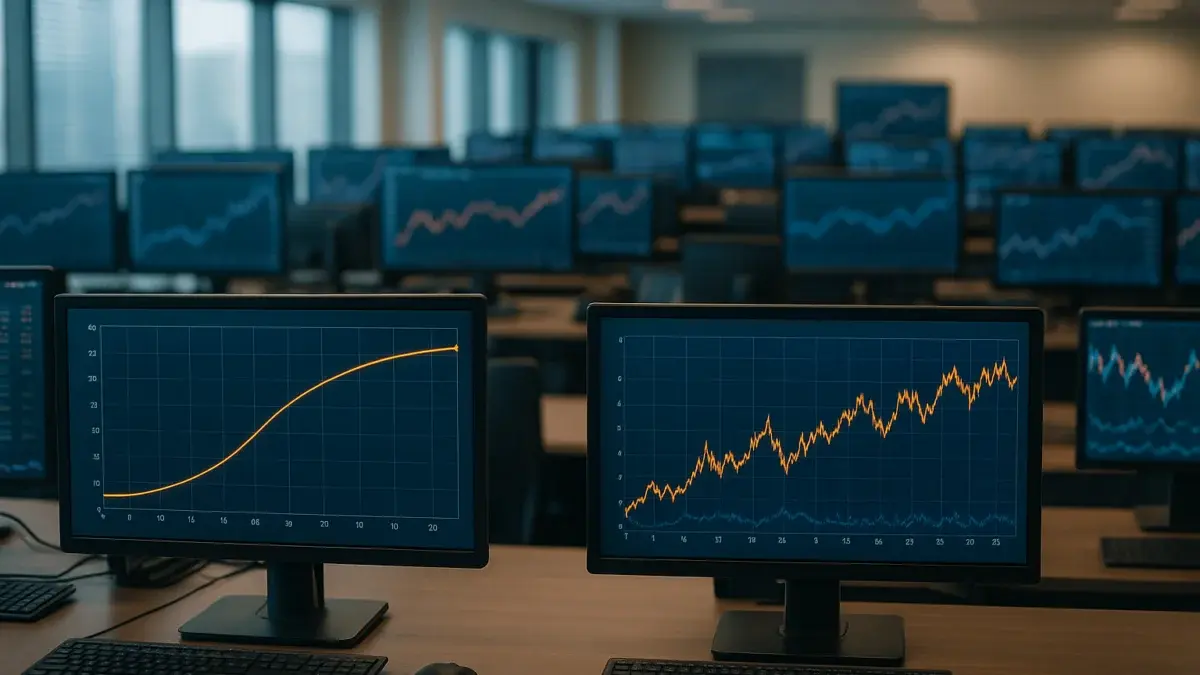Écrans de trading affichant des courbes de taux obligataires et indices boursiers