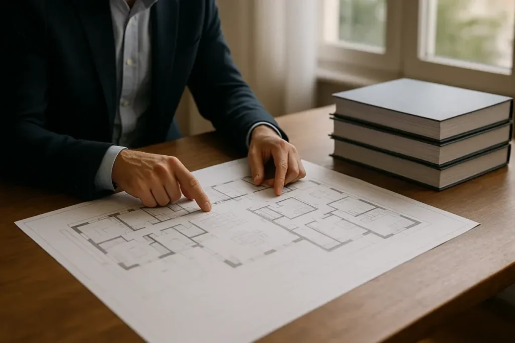Expert immobilier étudiant un plan de bien et des dossiers d'expertise