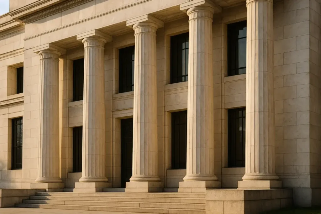 Façade de la Réserve fédérale américaine à Washington sous lumière matinale