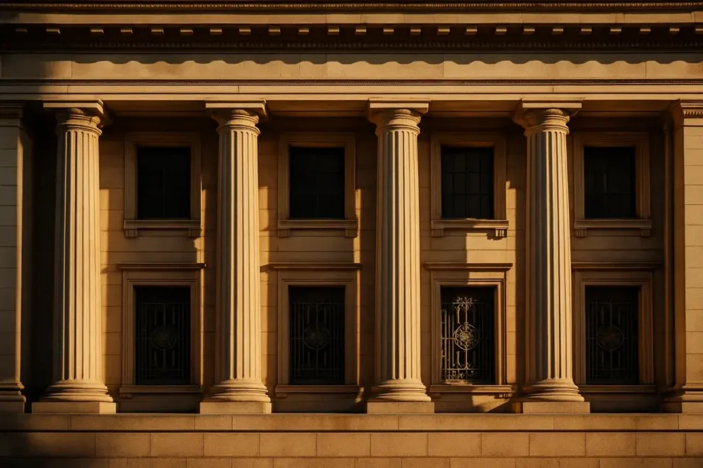 Façade d'un bâtiment de banque centrale aux colonnes de pierre classiques