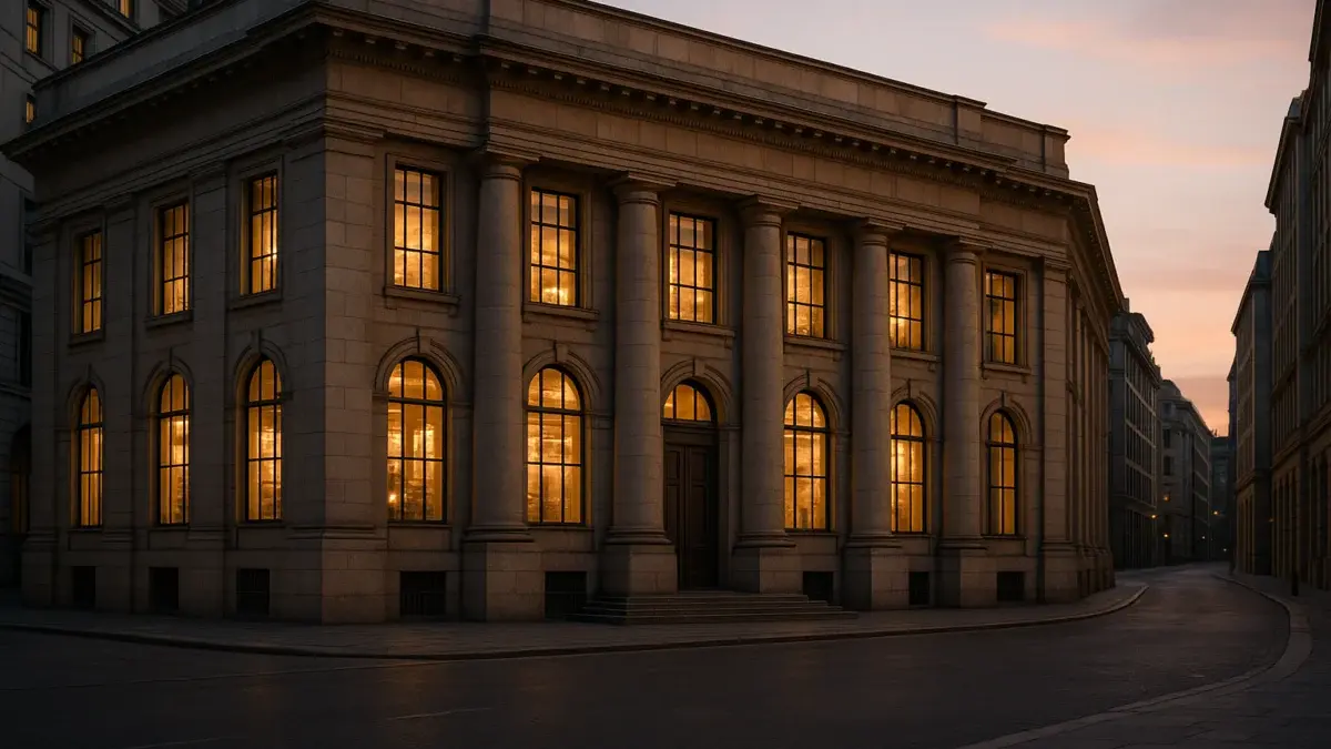 Façade d'une banque centrale européenne au crépuscule dans un quartier financier