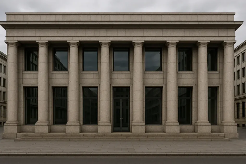 Façade d'une banque centrale européenne sous un ciel couvert