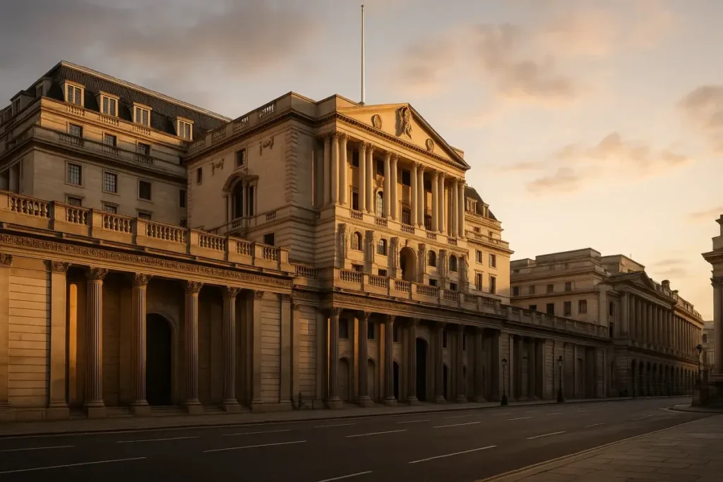 Façade néoclassique de la Banque d'Angleterre au lever du jour