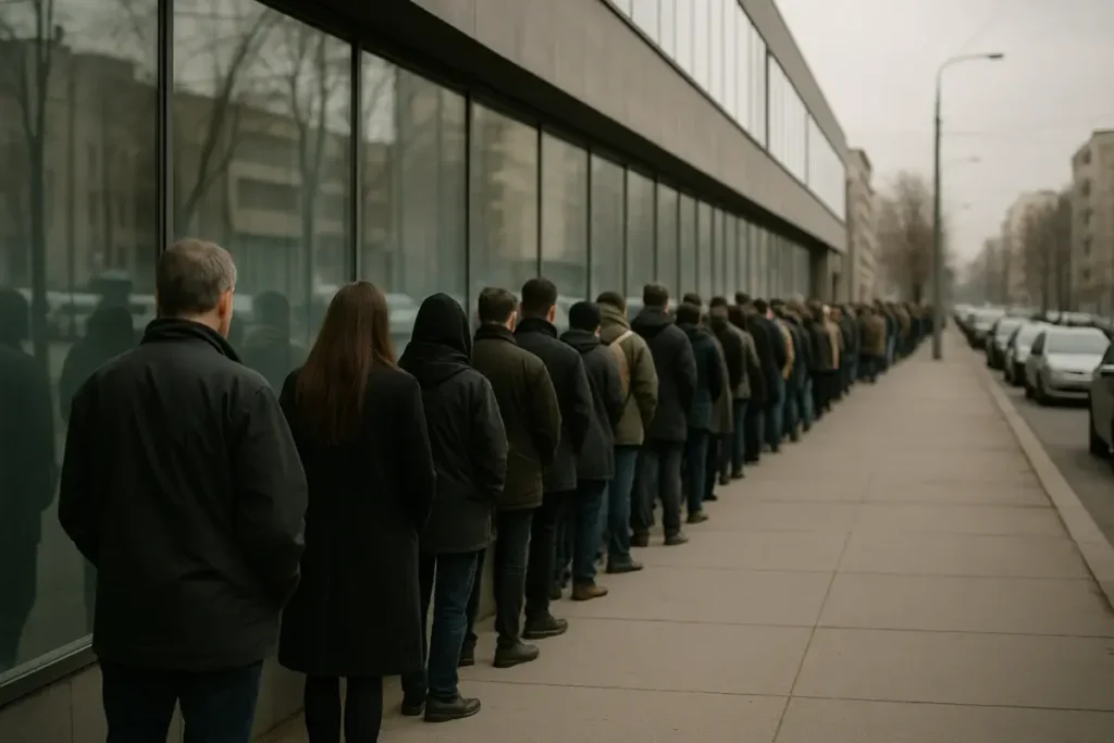 File d'attente devant un bâtiment illustrant les parts en attente de retrait
